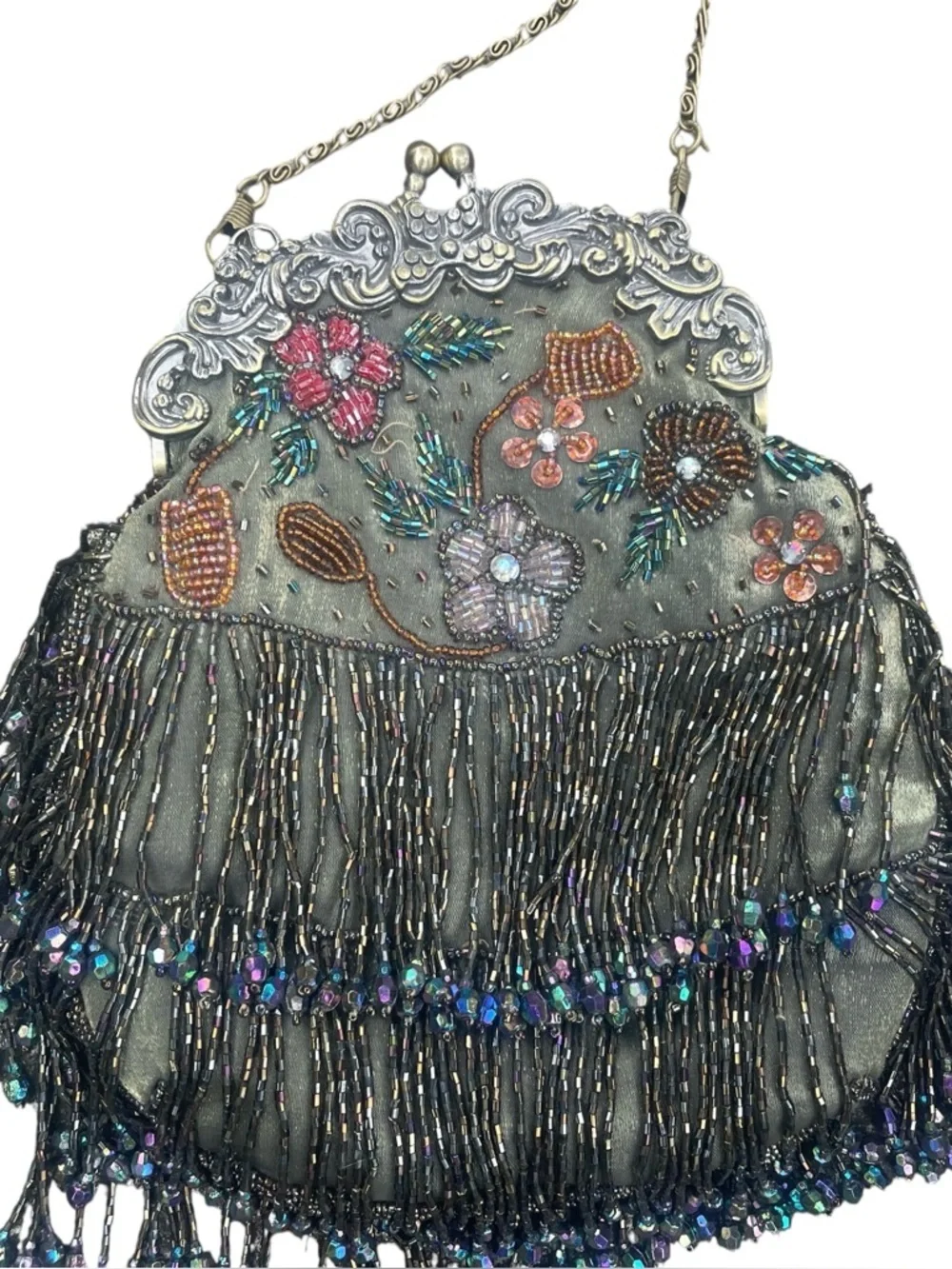 Susan Collection Vintage Victorian-Inspired Beaded Hand-Bag w/Long Chain, OS
